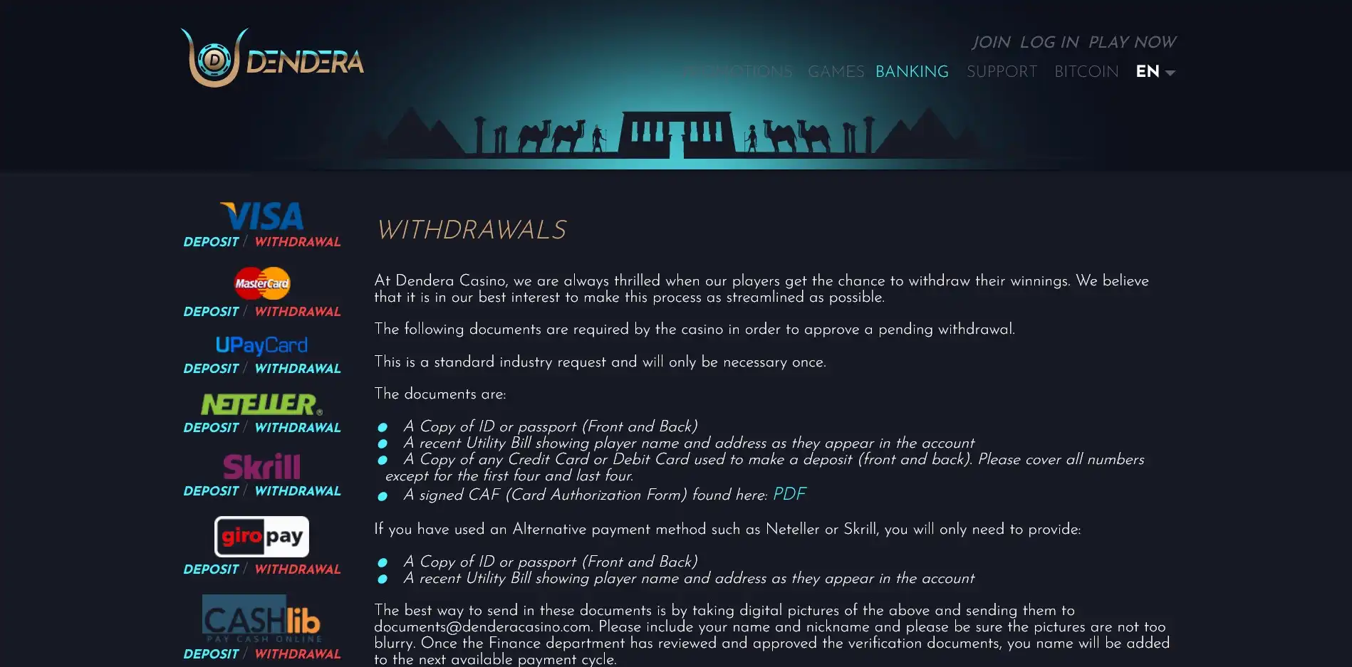 Dendera Casino Payment Methods