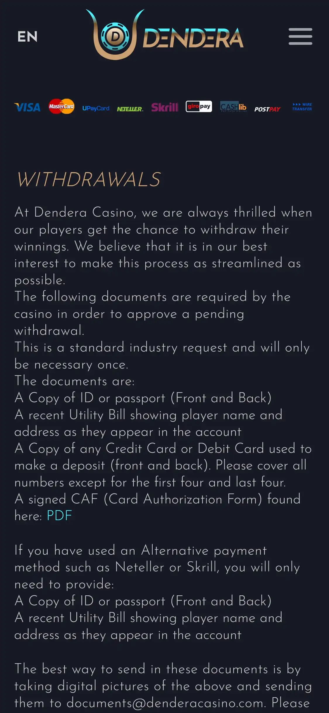Dendera Casino Mobile Payment Methods Review