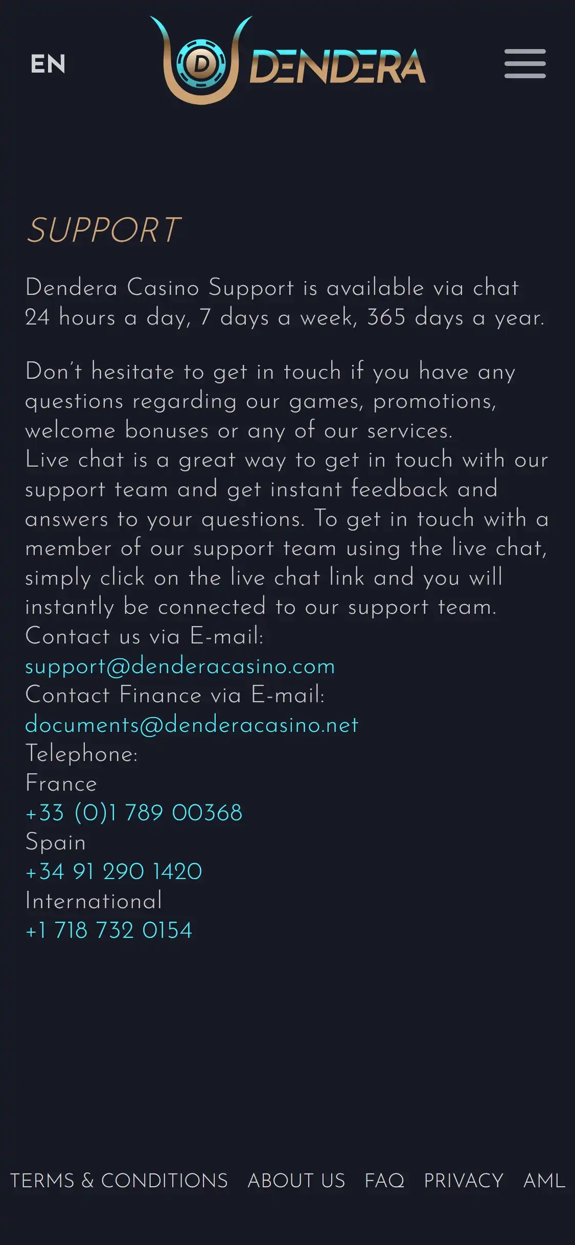 Dendera Casino Mobile Support Review