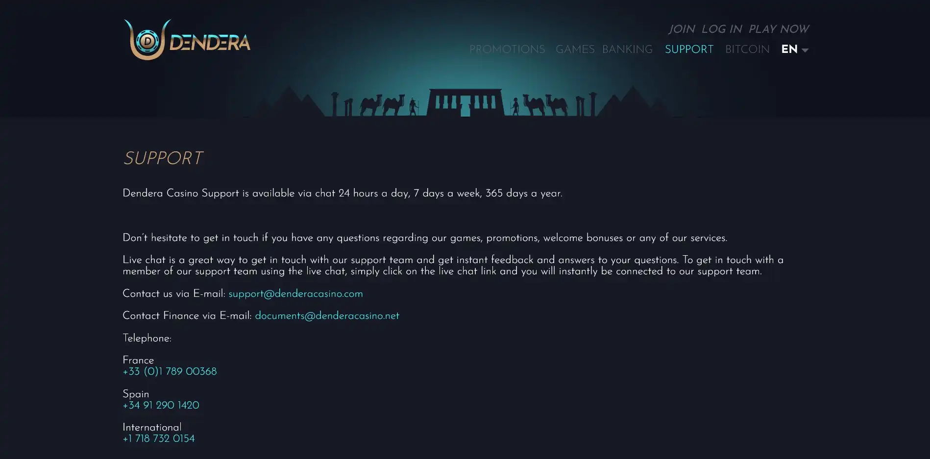 Dendera Casino Support