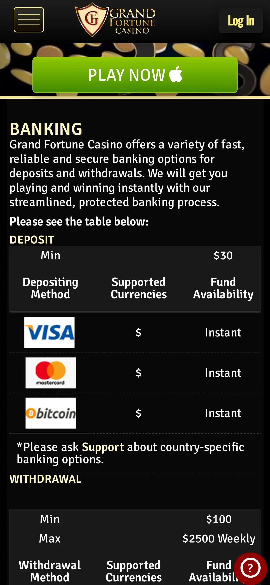 Grand Fortune Casino Mobile Payment Methods Review