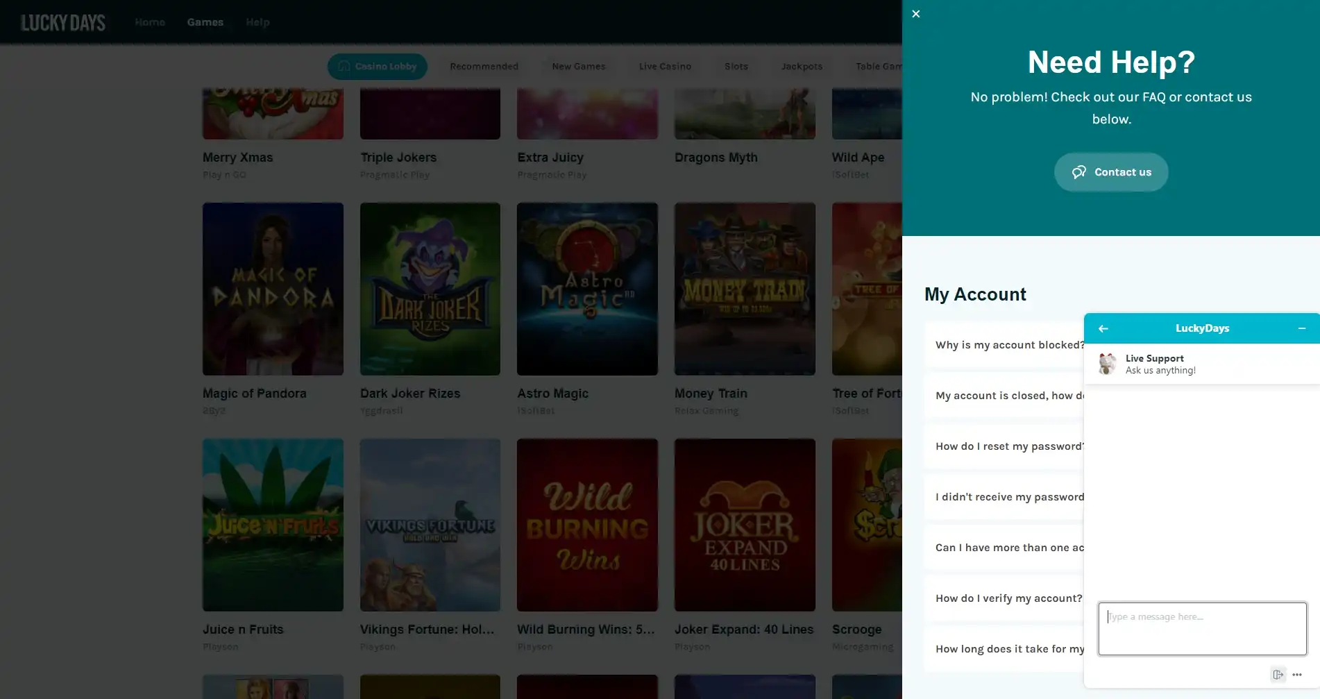 Lucky Days Casino Support