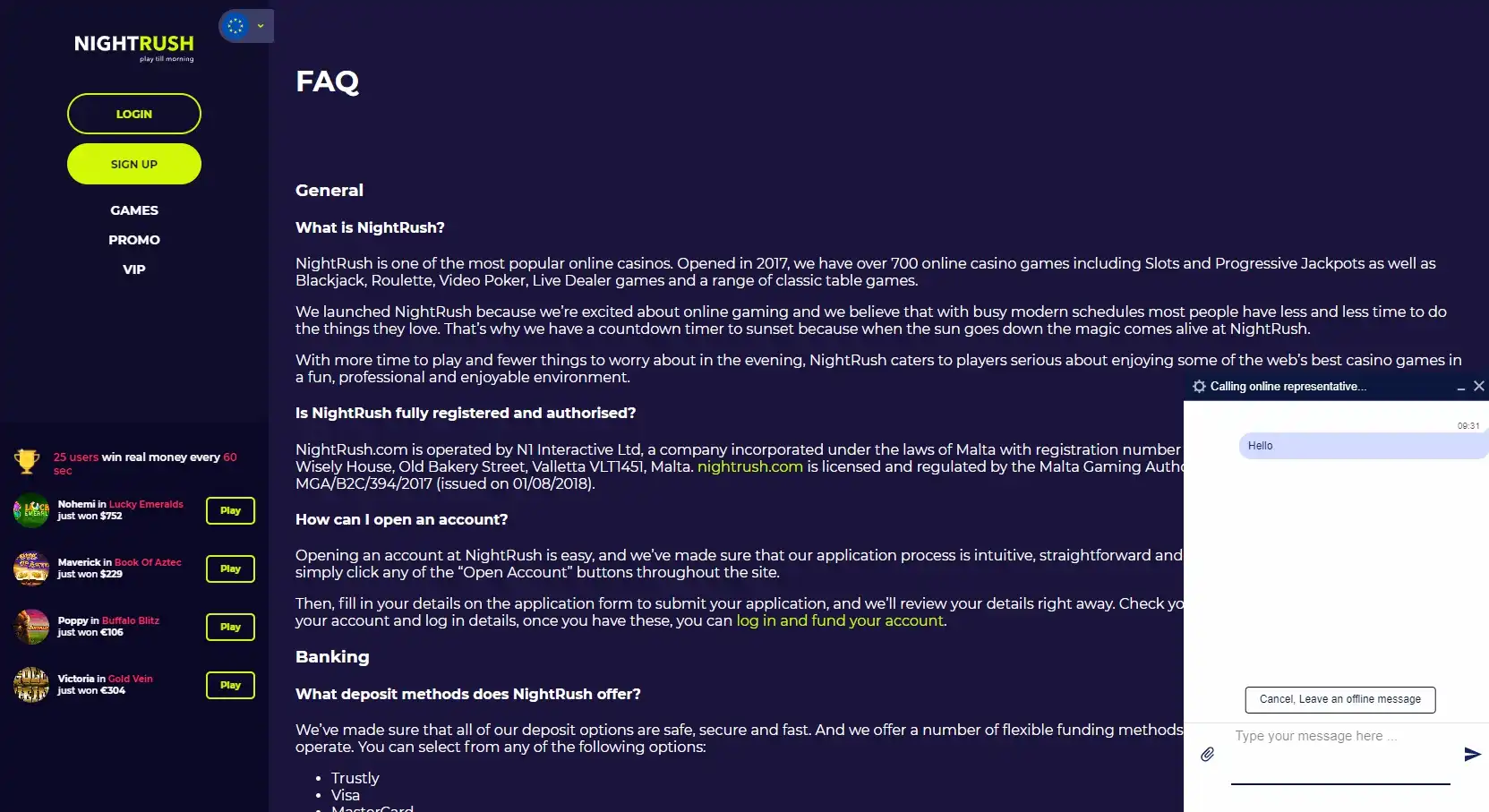 NightRush Casino Support