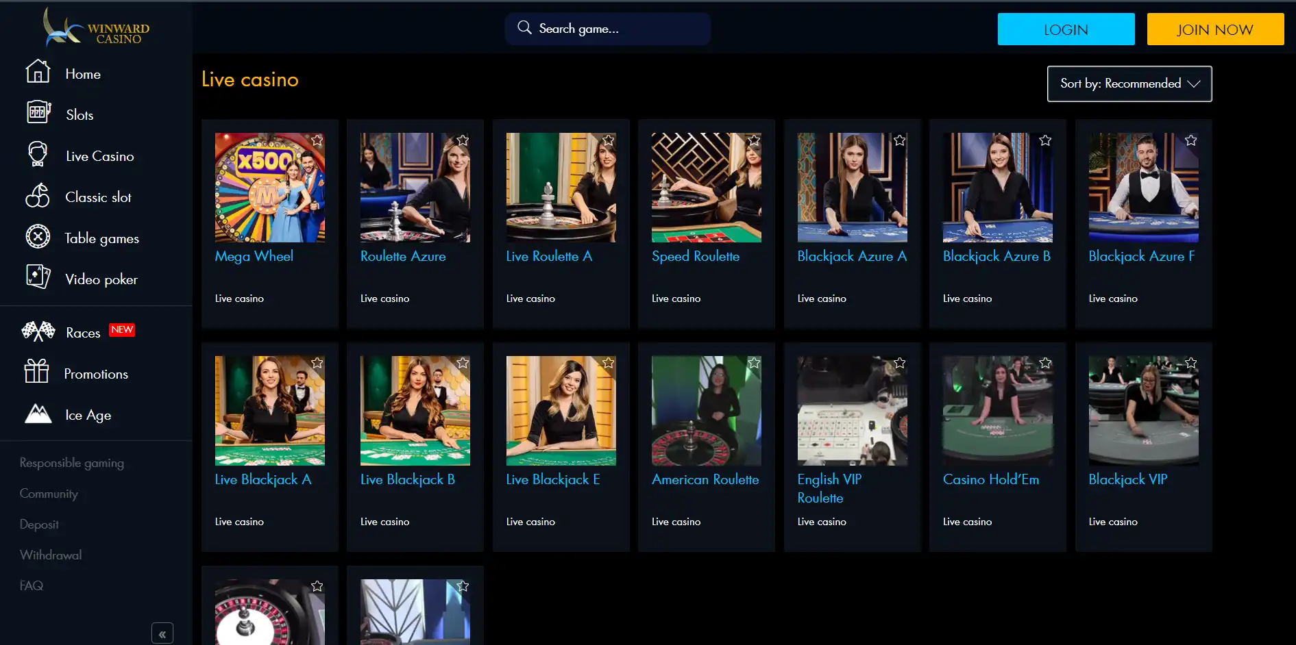 Winward Casino Live Dealer Games